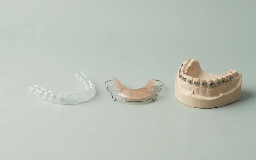 Aligner, herausnehmbare Platte und Bracketmodell nebeneinander